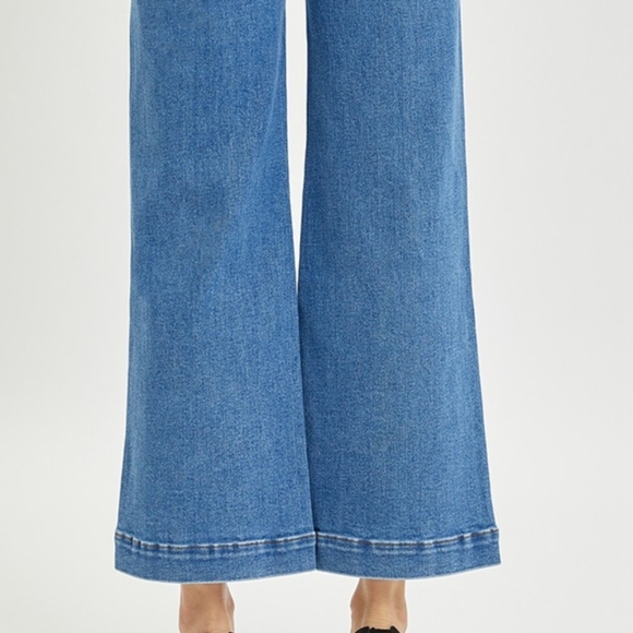 RISEN High-Rise Waist Blue Jeans Retro Wide Leg Front Seam Boyfriend Denim Pants - Picture 12 of 16